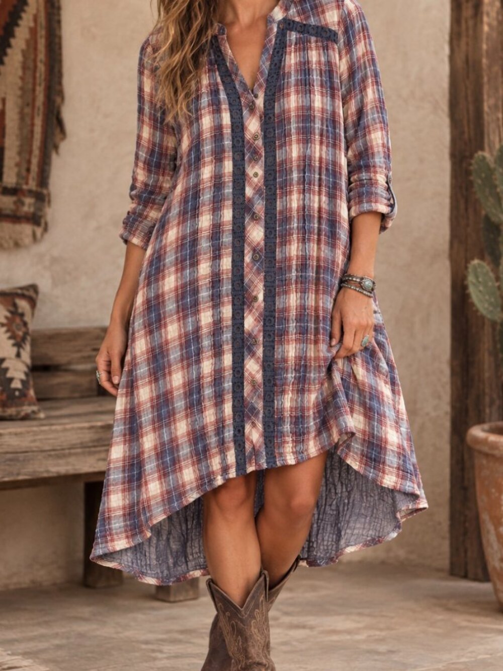 Holding Horses Dress Womens XS Red Blue Plaid Boho Eyelet Trim Anthropologie
